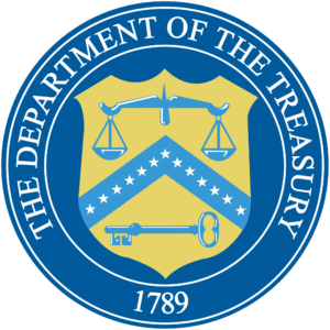 Official seal of the U.S. Department of the Treasury, featuring a balance scale, a key, and a shield.